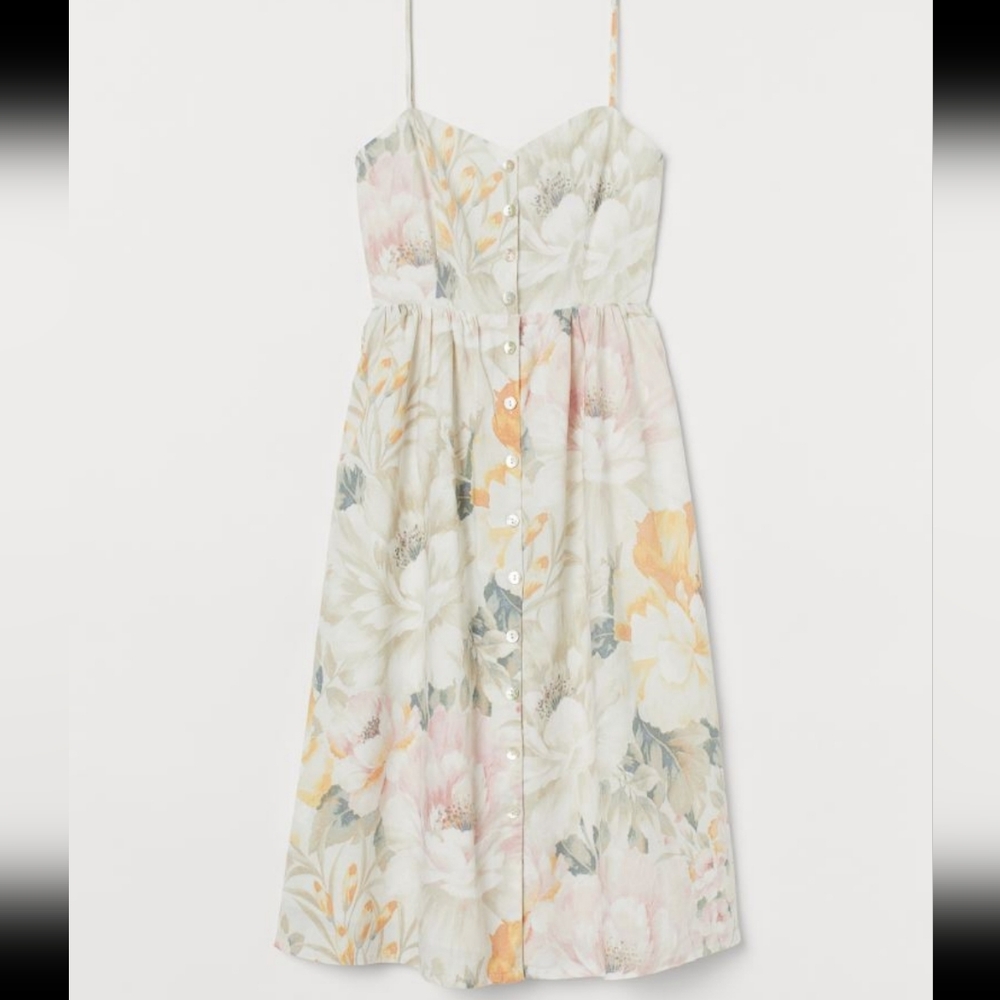 New H&M linen blend button floral midi dress